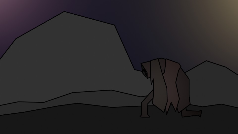 Low poly image of a humanlike, bend over walking creature. The creature is hardly recognizable under a lot of rags and a hood. In the background are some rough mountain silhouettes, the sky has an unnatural color gradient going from a venomous violet in one corner, to a dark blue in the center, to a unfriendly sulphur yellow in the other corner. The lighting is very dim.